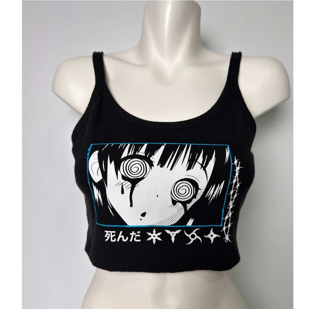 Hot Topic Anime Spiral Eyes Graphic Crop Top Black Ribbed Cami Tank Womens L